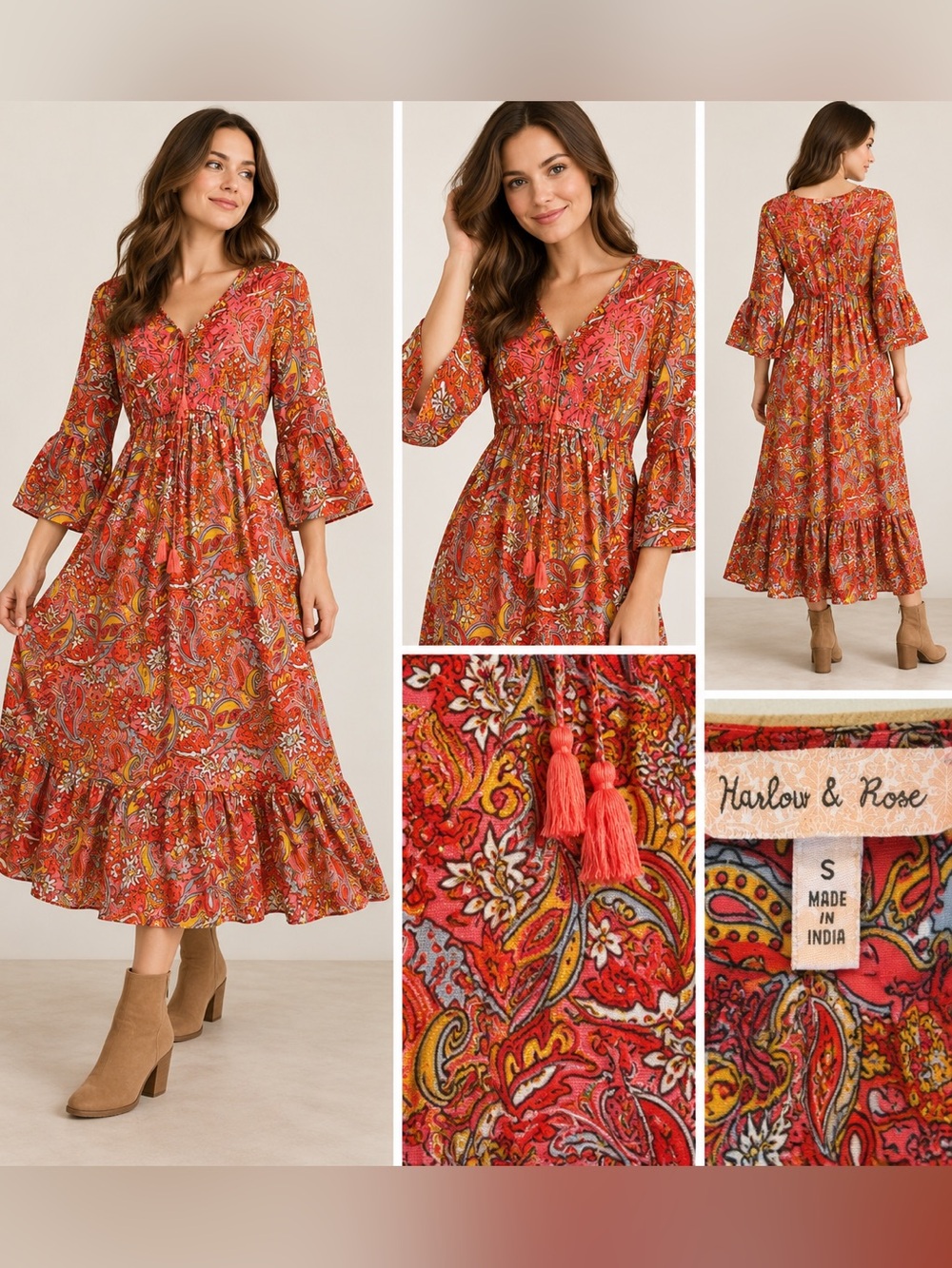 Harlow & Rose Red Paisley Boho Midi Dress Size S Bell Sleeve Tiered Ruffle
